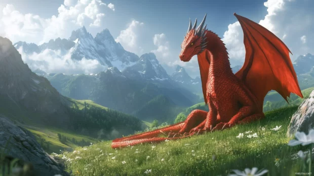 A serene red dragon resting in a lush green valley, with flowers blooming around it, creating a striking contrast between the dragon and the landscape.