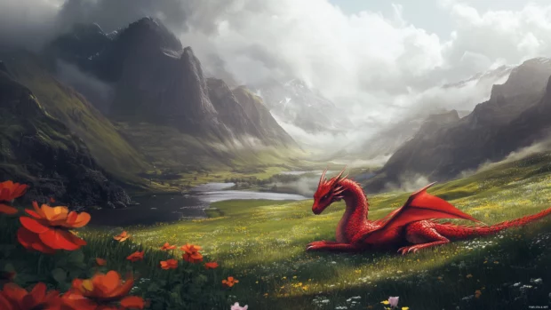 A serene red dragon resting in a lush green valley, with flowers blooming around it, creating a striking contrast between the dragon and the landscape.