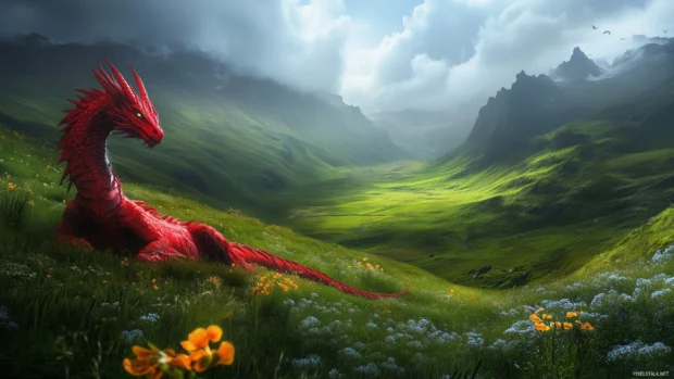 A serene red dragon rests in a lush green valley, with flowers blooming around it.