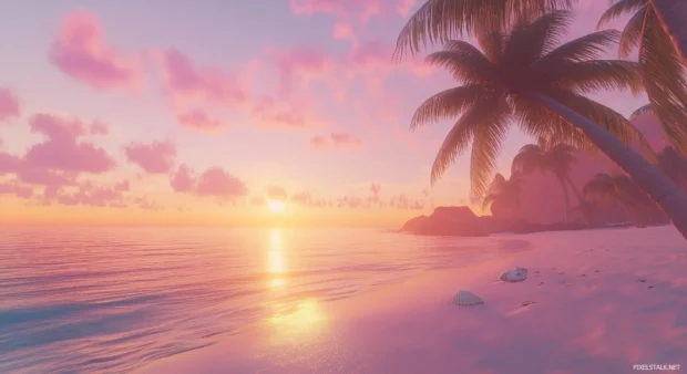 A serene tropical beach at sunset.