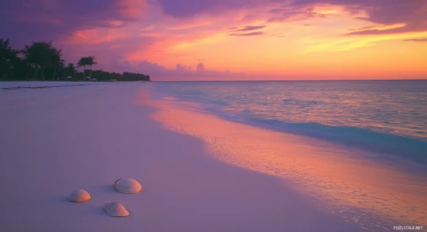 A serene tropical beach at sunset, soft golden light reflecting on calm turquoise waters, coconut palm trees.