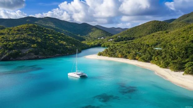 A serene tropical island with bright blue waters, a small boat anchored at the shore, surrounded by lush tropical trees and soft sand dunes, under a partly cloudy sky.