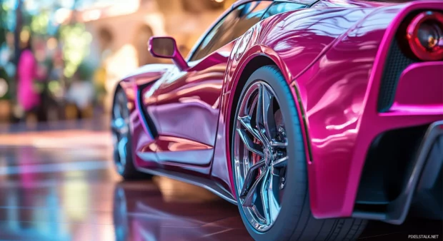 A shiny pink sports car parked in a sunlit urban setting.