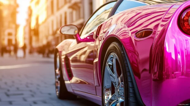 A shiny pink sports car parked in a sunlit urban setting, reflecting the vibrant colors of the surrounding city.