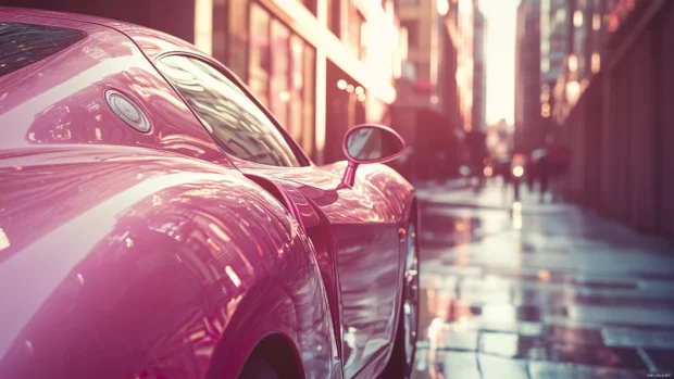 A shiny pink sports car parked in a sunlit urban setting, reflecting the vibrant colors of the surrounding city.