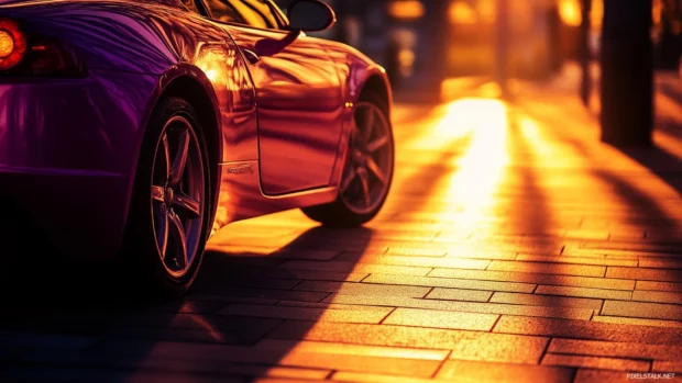 A shiny purple sports car with sleek aerodynamic curves.