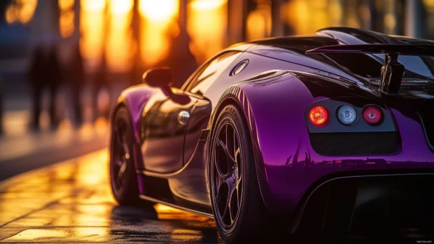 A shiny purple sports car with sleek aerodynamic curves, parked under the golden sunset.