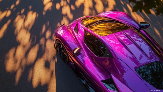 A shiny purple sports car with sleek aerodynamic curves, parked under the golden sunset.