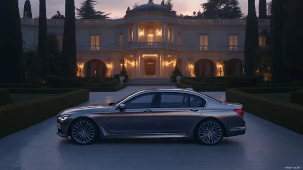 A silver BMW 7 Series parked in front of a luxurious mansion.