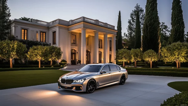 A silver BMW 7 Series parked in front of a luxurious mansion, with well maintained landscaping.