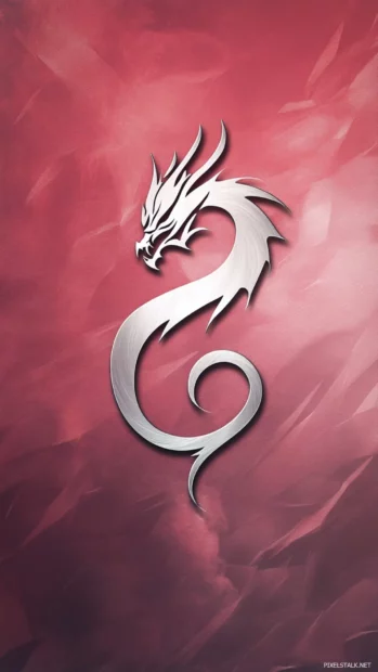 A simple Chinese dragon wallpaper in silver against a soft crimson backdrop.