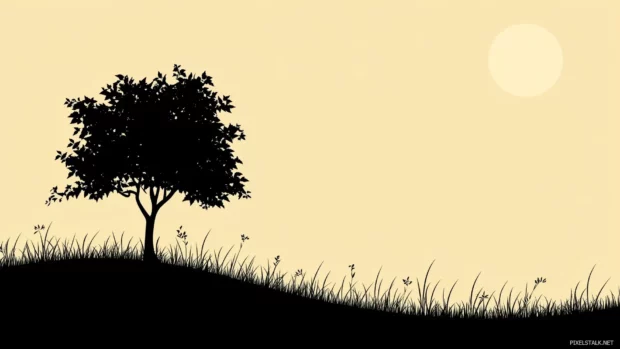 A simple computer wallpaper with a silhouette of a tree against a light sunset sky.