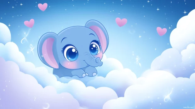 A simple, cute wallpaper featuring a baby elephant with big eyes, surrounded by soft clouds and hearts.