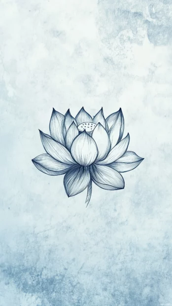 A simple sketch of a lotus flower, with light strokes and a calm blue background.