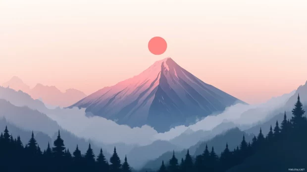 A simple wallpaper features a single mountain peak with a soft, misty atmosphere.