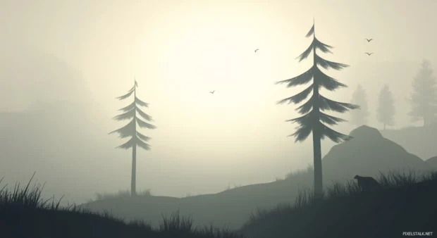 A simple wallpaper of a gentle foggy landscape with minimal tree silhouettes.