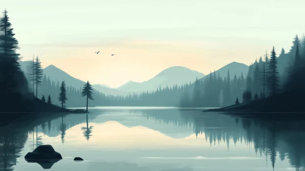 A simple wallpaper of a smooth, tranquil lake reflecting the soft hues of the sky.