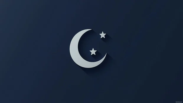 A simple wallpaper with a minimalist design of a crescent moon and stars in a deep navy blue sky.