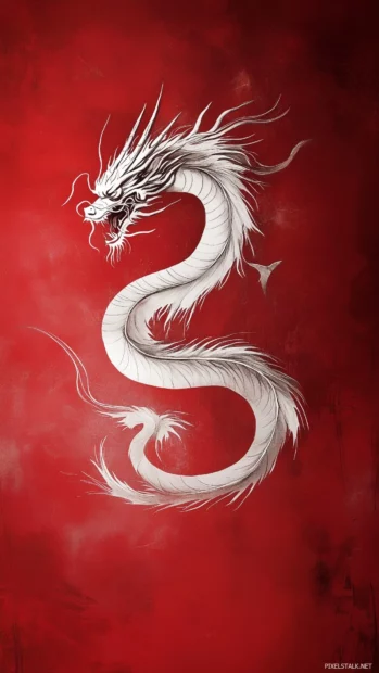 A simple yet striking Chinese dragon design in silver against a soft crimson backdrop, emphasizing the dragon’s serpentine motion and minimalist beauty,1.