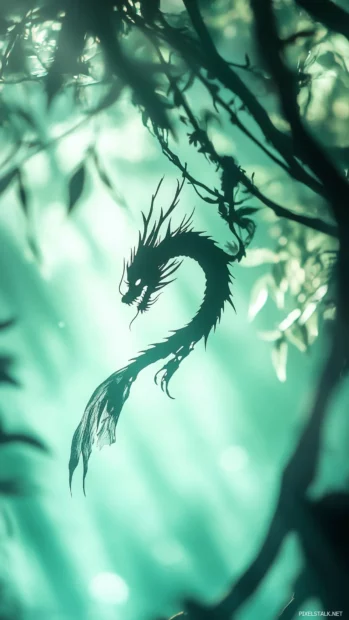 A simplified silhouette of a Chinese dragon, elegantly flowing across a calm jade green background, soft lighting highlighting the dragon’s form1.