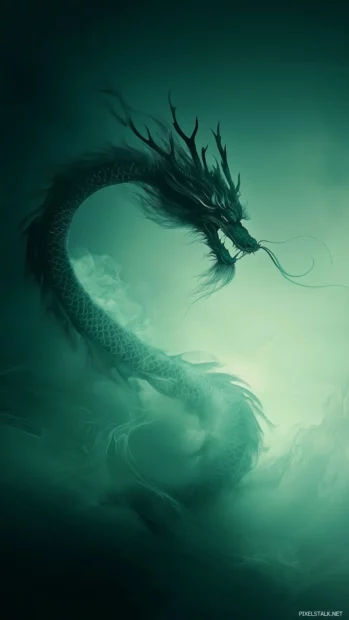 A simplified silhouette of a Chinese dragon, elegantly flowing across a calm jade green background, soft lighting highlighting the dragon’s form2.