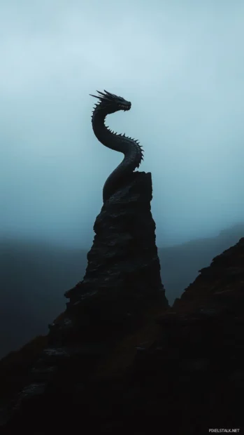 A single Dragon wrapped around a mountain peak.