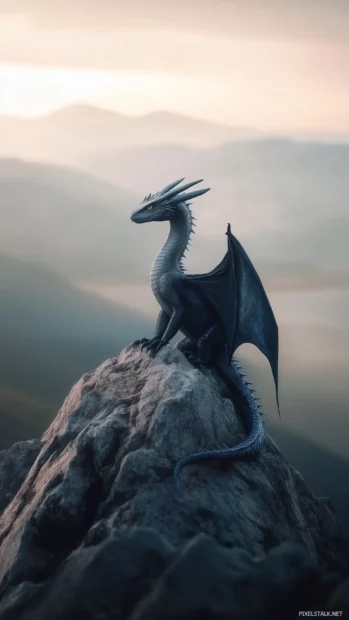 A single Dragon wrapped around a mountain peak, outlined with soft lighting.