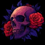 A skull with detailed engravings, partially hidden behind cascading roses in dark red and deep purple, set against a black background.