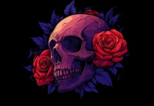 A skull with detailed engravings, partially hidden behind cascading roses in dark red and deep purple, set against a black background.