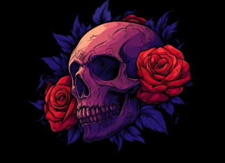 A skull with detailed engravings, partially hidden behind cascading roses in dark red and deep purple, set against a black background.