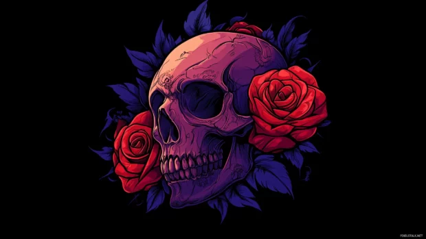 A skull with detailed engravings, partially hidden behind cascading roses in dark red and deep purple, set against a black background.