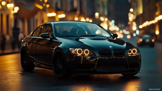 A sleek BMW M parked at night on a city street with bright streetlights casting reflections off its glossy black paint.