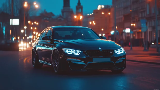 A sleek BMW M3 parked at night on a city street with bright streetlights casting reflections off its glossy black paint.