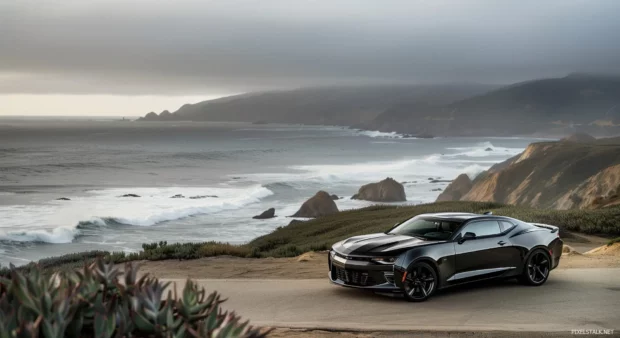 A sleek Camaro SS parked on a coastal road with waves crashing in the background .