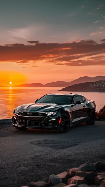 A sleek Camaro SS parked on a scenic coastal road at sunset.