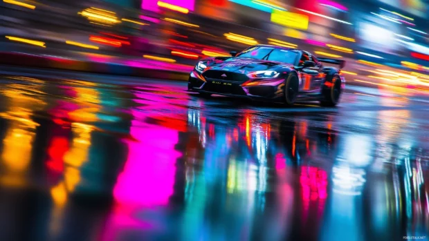 A sleek F1 car speeding through a racetrack with vibrant colors from the cars design reflecting off the wet surface.