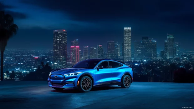 A sleek Ford Mustang Mach E in electric blue, parked in front of a futuristic cityscape at dusk with neon lights highlighting its design .