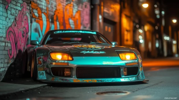 A sleek JDM car with custom bodywork and decals, parked in front of a graffiti wall in an urban alley.