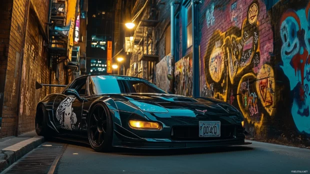 A sleek JDM car with custom bodywork and decals, parked in front of a graffiti wall in an urban alley, glowing with ambient streetlight reflections.