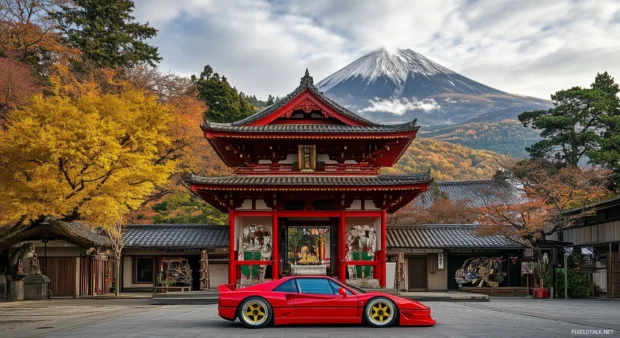 A sleek Japanese sports car in vibrant red, parked in front of a traditional Japanese temple with Mount Fuji in the background.