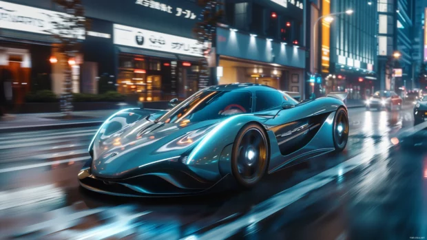 A sleek and modern cool HD wallpaper sports car racing on a futuristic city street.