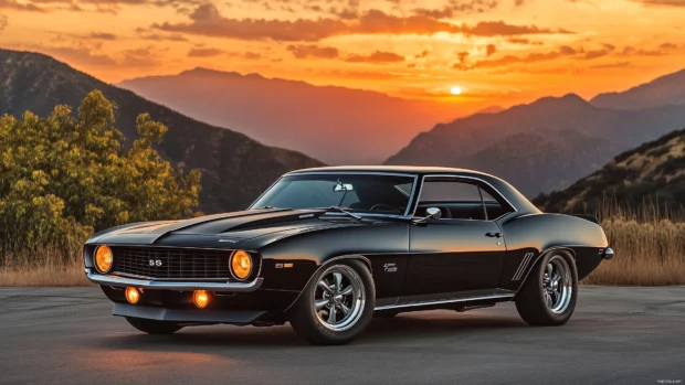 A sleek black Camaro parked on a mountain road with a breathtaking sunset in the background.