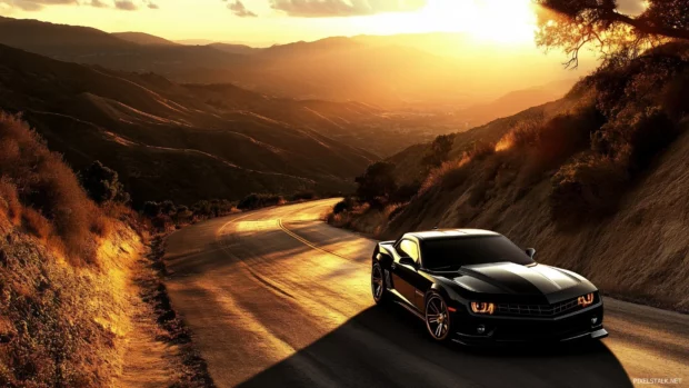 A sleek black Camaro parked on a mountain road with a breathtaking sunset in the background, casting dramatic shadows on the car’s curves.