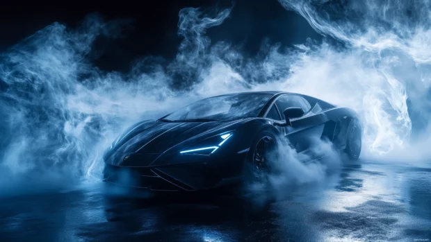 A sleek black Lamborghini Sian surrounded by cascading smoke and radiant blue flames.