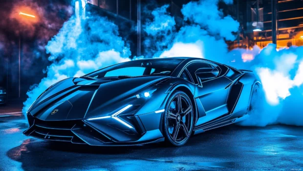 A sleek black Lamborghini Sian surrounded by cascading smoke and radiant blue flames.