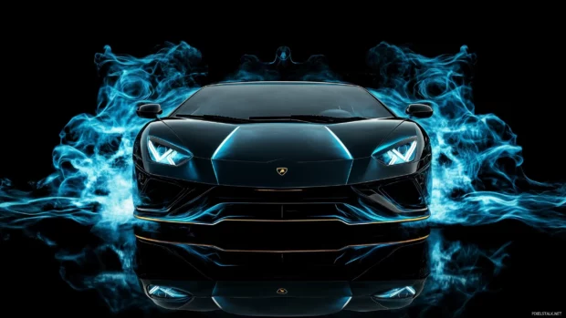 A sleek black Lamborghini Sian surrounded by cascading smoke and radiant blue flames.