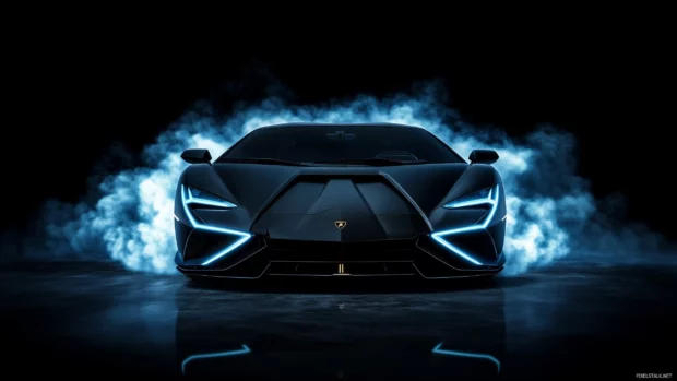 A sleek black Lamborghini Sian surrounded by cascading smoke and radiant blue flames, reflecting off its glossy finish.