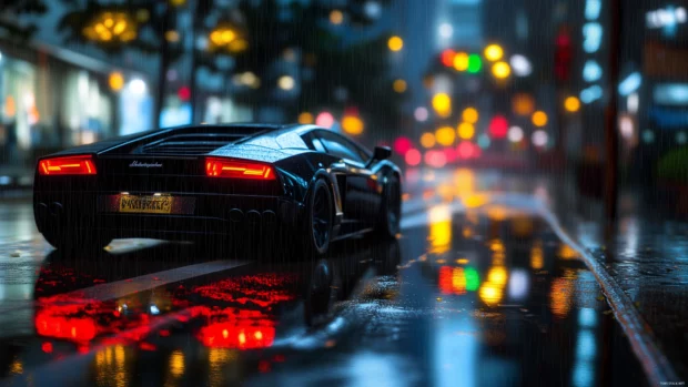 A sleek black Lamborghini parked on a wet road, reflecting city lights under a rainy night sky.