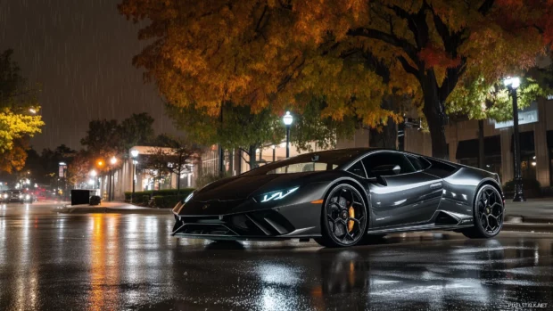 A sleek black Lamborghini parked on a wet road, reflecting city lights under a rainy night sky.