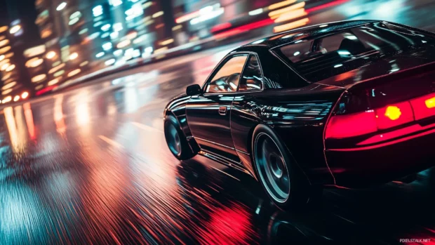 A sleek black Nissan Silvia drifting around a sharp corner at night, with bright city lights reflecting off the wet pavement.